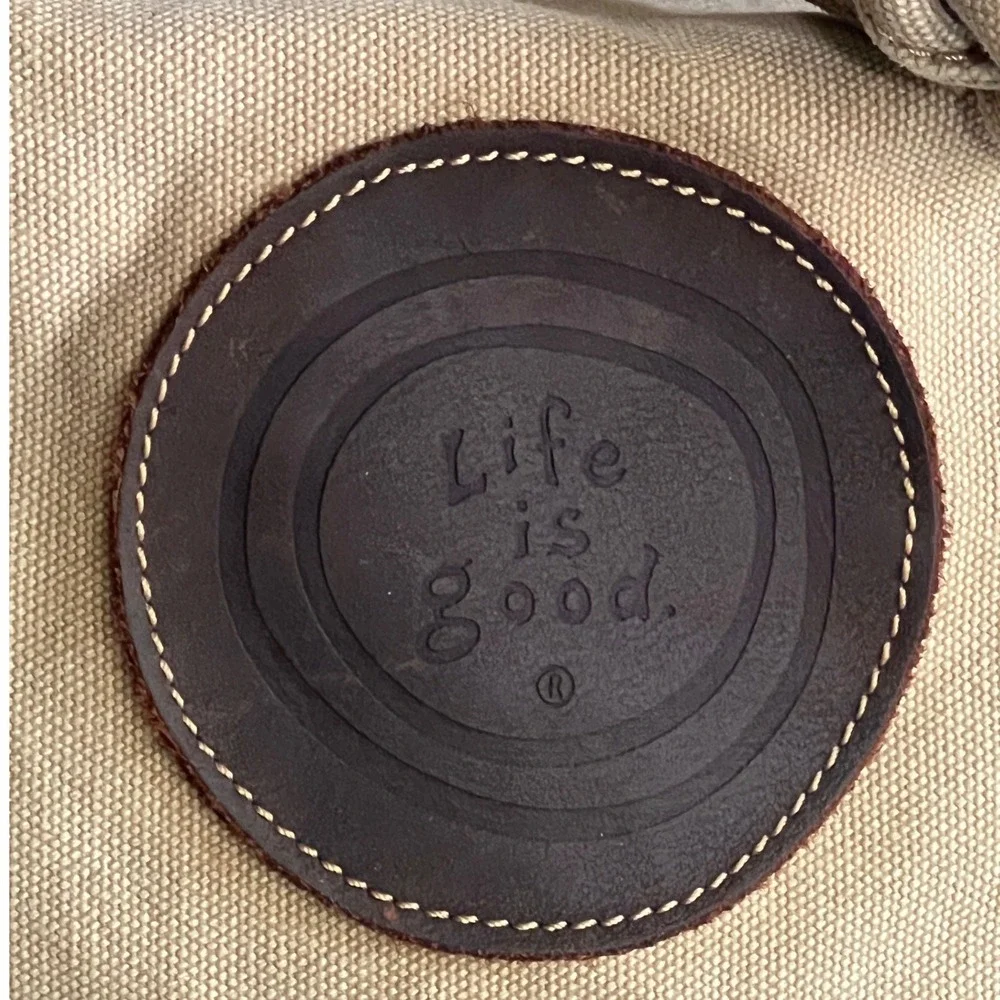 Life is Good Canvas Bucket Backpack Khaki Cotton Leather Trim Drawstring Bag